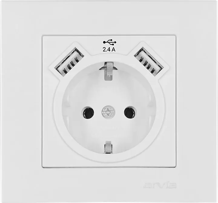 Розетка з заземленням зі шторками USB-A + USB-A 5V-2.4A, Білий KAREN