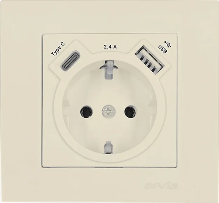 Розетка з заземленням зі шторками USB-A + USB-C 5V-2.4A
