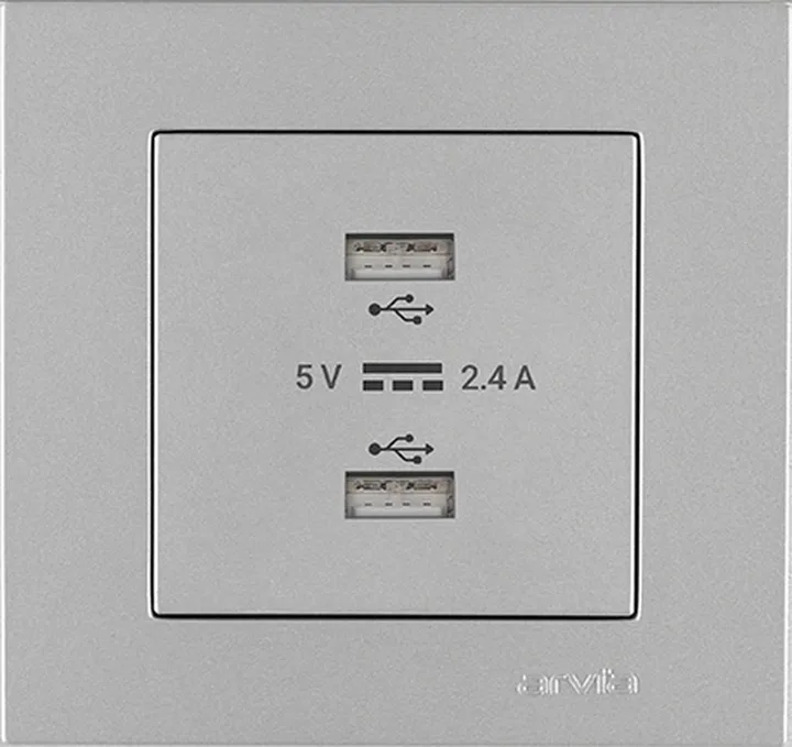Розетка USB-A + USB-A 5V-2.4A, Срібло KAREN