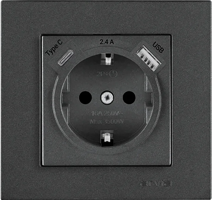 Розетка з заземленням зі шторками USB-A + USB-C 5V-2.4A