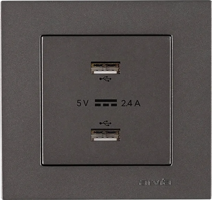 Розетка USB-A + USB-A 5V-2.4A, Антрацит KAREN