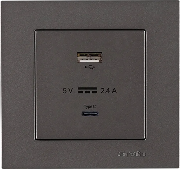 Розетка USB-A + USB-C 5V-2.4A, Антрацит KAREN
