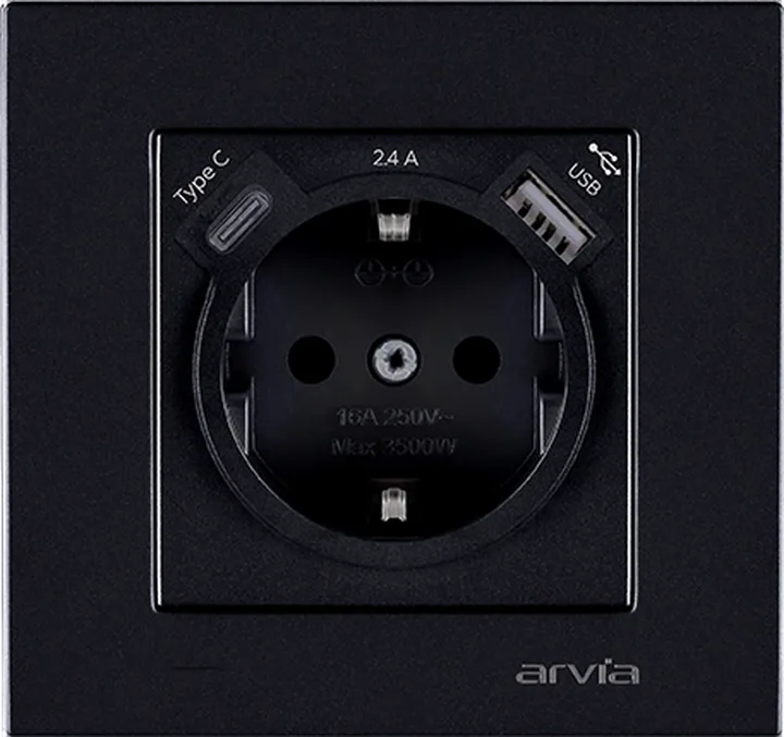 Розетка з заземленням зі шторками USB-A + USB-C 5V-2.4A