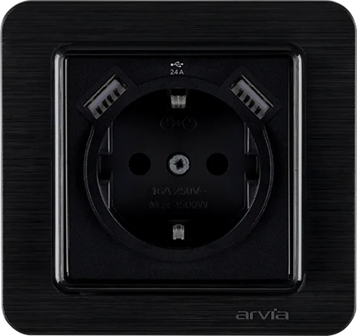 Розетка з заземленням зі шторками USB-A + USB-A 5V-2.4A, Чорний LAVIN
