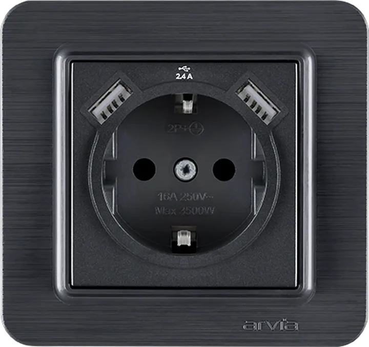 Розетка з заземленням зі шторками USB-A + USB-A 5V-2.4A, Графіт LAVIN