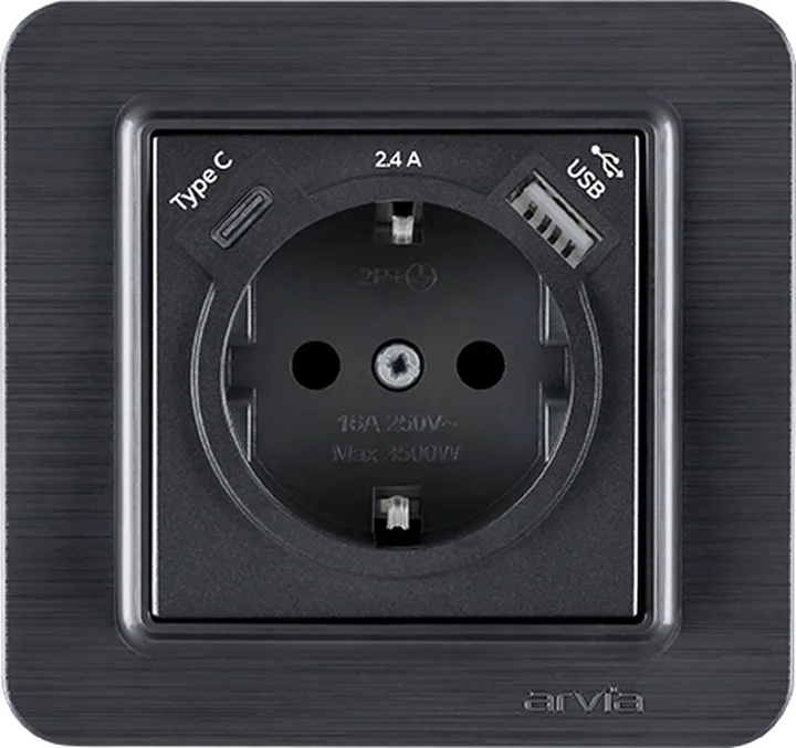 Розетка з заземленням зі шторками USB-A + USB-C 5V-2.4A