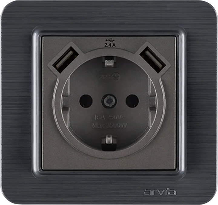 Розетка з заземленням зі шторками USB-A + USB-A 5V-2.4A, Антрацит LAVIN