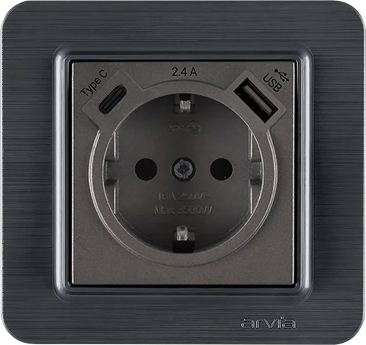 Розетка з заземленням зі шторками USB-A + USB-C 5V-2.4A