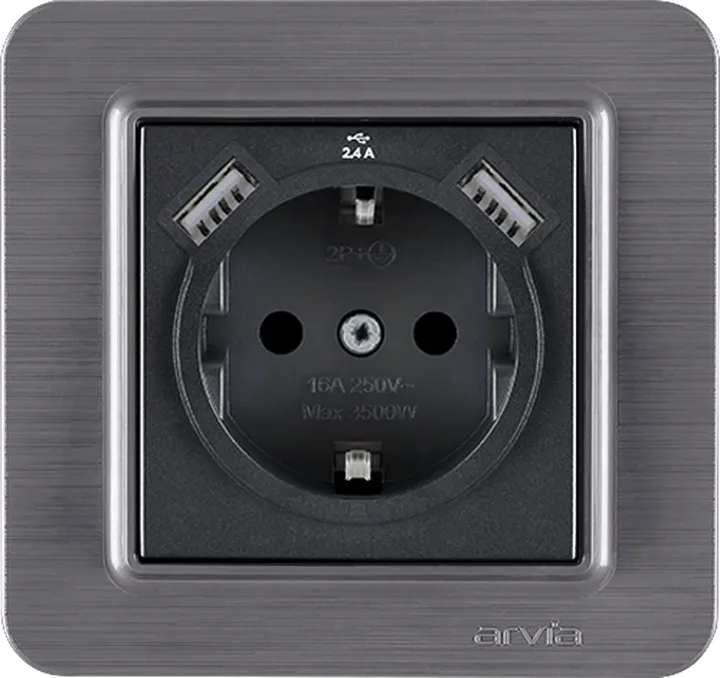 Розетка з заземленням зі шторками USB-A + USB-A 5V-2.4A, Димчатий LAVIN