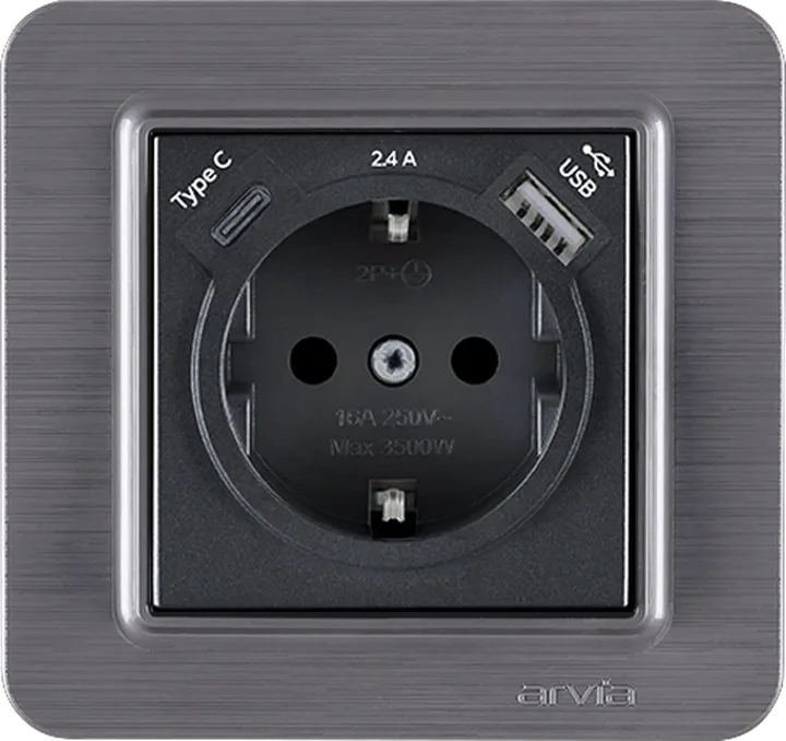 Розетка з заземленням зі шторками USB-A + USB-C 5V-2.4A